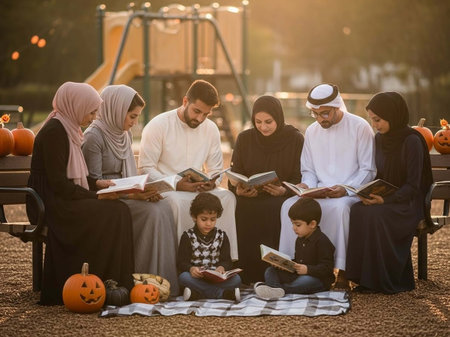 Family reading a book in the park during the holiday of Halloweenの写真素材
