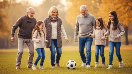 family, childhood, season and people concept - happy family with soccer ball in autumn park