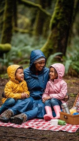 Mother and two daughters enjoying picnic in the rain in the forest.の写真素材