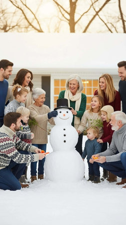 Group Of Friends Having Fun With Snowman At Winter Day Outdoorsの写真素材