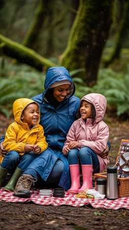 Portrait of a happy mother and her two daughters having a picnic in the rainの写真素材
