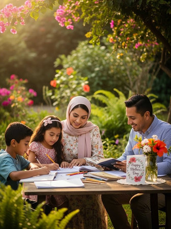 Muslim family doing homework together in the garden. Muslim family concept.の写真素材