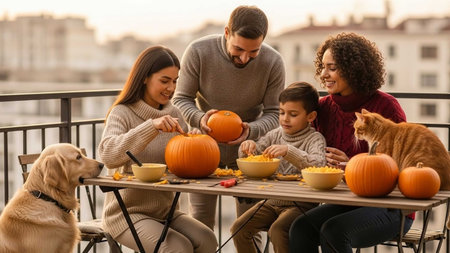 Happy family preparing for halloween. Mother, father, son and daughter carving pumpkin on terraceの写真素材