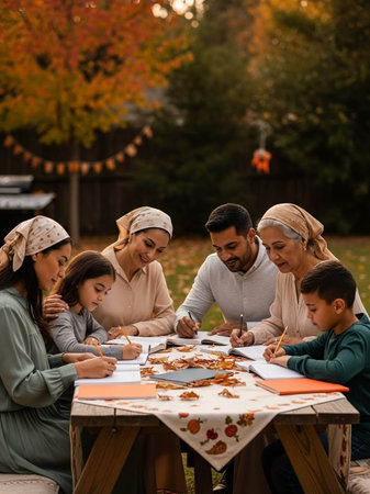 happy multiethnic family spending time together at home during autumn harvestの写真素材