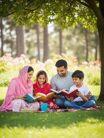 Happy muslim family reading book together in the park. They are sitting on the grass and smilingの写真素材