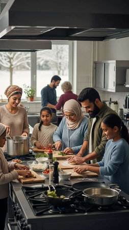 Multiethnic family cooking together in the kitchen at home. Multiethnic family cooking together in the kitchen.の写真素材