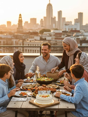 Multiethnic group of friends having dinner together at rooftop restaurant, eating and drinking