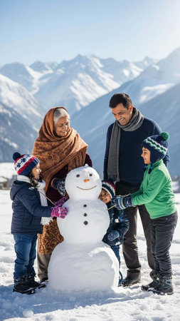 happy family with snowman at winter vacation in alpine meadowの写真素材