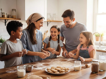 Happy family baking cookies together in the kitchen at home. Mother, father and their children are...