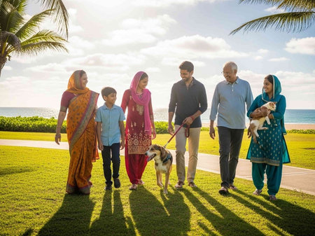 indian family with dog walking on the beach at the day time