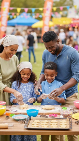 african american family baking cookies together at table at outdoor festival