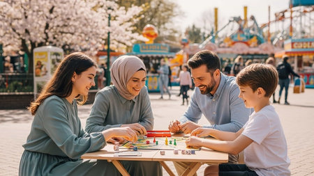 Happy family playing board games in amusement park. Parents and kids spending time together.