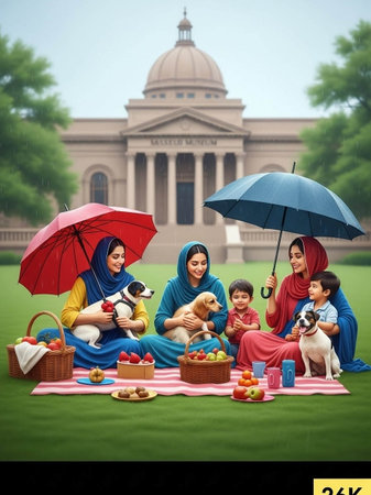 Group of muslim family having picnic in the park under an umbrella