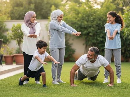 muslim family doing push-ups together in the garden at home