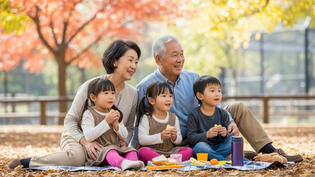 Happy asian family having picnic in the park with autumn leaves background