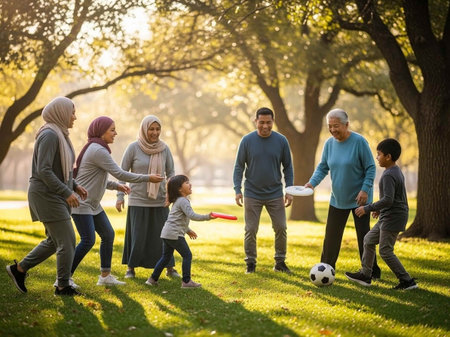 Happy multiethnic family playing together in the park at sunset