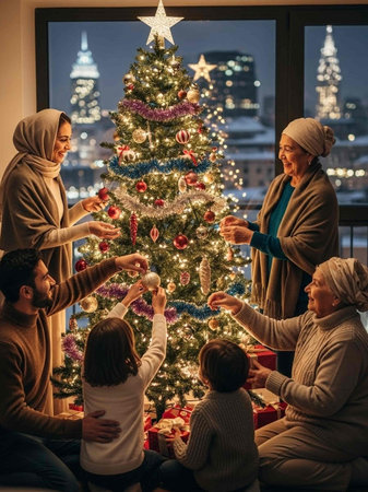 Happy family decorating christmas tree at home. Christmas concept.