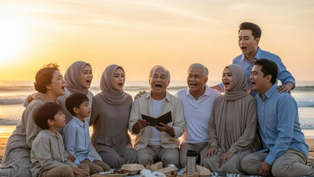 muslim family sitting on the beach and reading a book at sunset