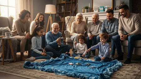 Happy family playing board game at home. Grandfather, grandmother, and grandson are sitting on the floor and smiling.の写真素材