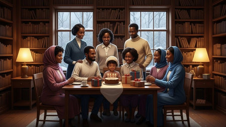 African american family celebrating birthday with cake and candles in living room