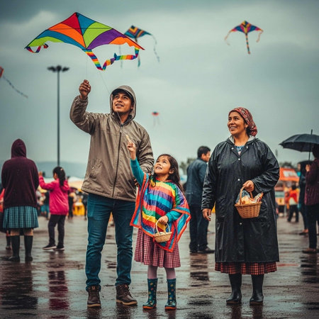 Unidentified people with kites in the rain.