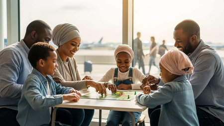 african american family playing board game together in airport terminal during summer vacation