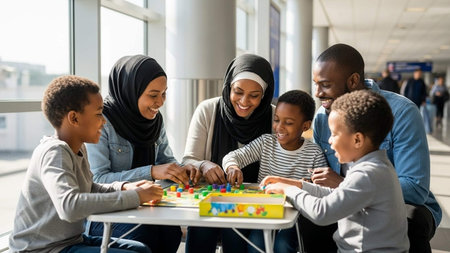 african american muslim family playing with building blocks at airport