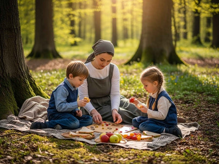Mother and children having picnic in the forest. Family picnic concept.の写真素材