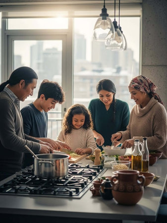 Happy family cooking together in the kitchen at home. Mother, father and their daughter are preparing food.の写真素材