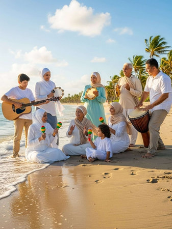 happy asian family playing musical instruments on the beach during summer vacation