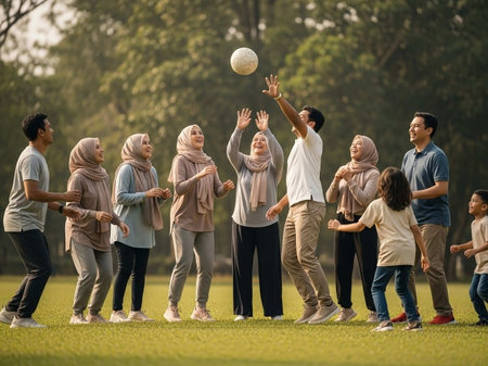 Group of asian people playing soccer together in the park.の写真素材