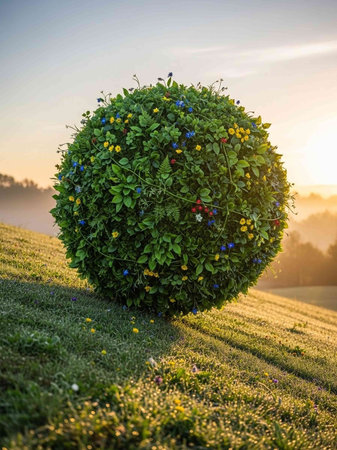 Beautiful landscape with green grass and flowers in the fieldの写真素材