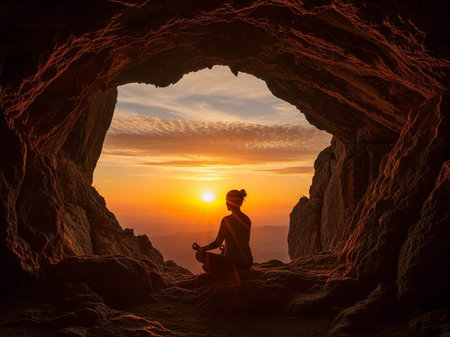 Woman sitting on the rock and looking at the sunset in the caveの写真素材