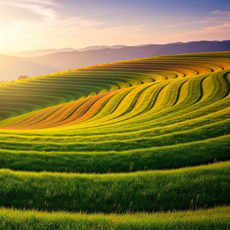 Terraced rice field at sunset in Chiang Rai, Thailand.