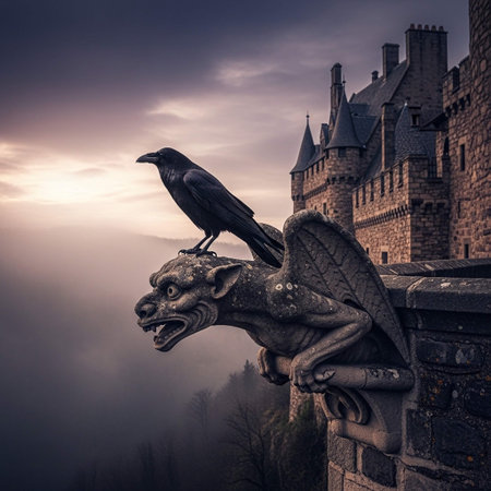 Crow on the wall of medieval castle in misty morning.