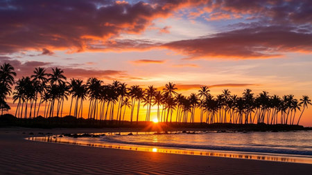 Palm trees on the beach at sunset. Beautiful tropical landscape.