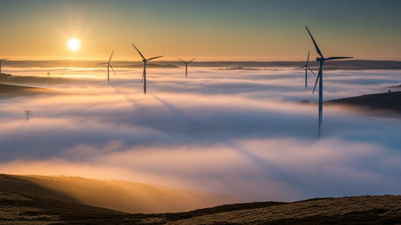 Wind turbines in the fog at sunrise in winter, South Wales, UKの写真素材