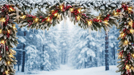Christmas tree branches with garland lights in winter forest. Christmas backgroundの写真素材