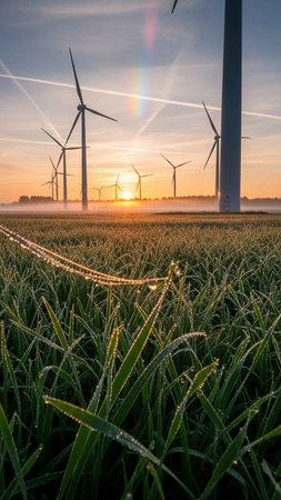Wind turbines on a foggy field at sunrise, Almere, Flevoland, The Netherlands