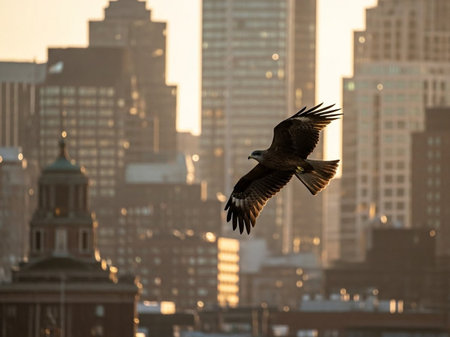 A black kite (Milvus migrans) flying over the New York City skyline.