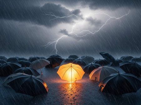 Rainy day with umbrella and stormy sky. 3D rendering
