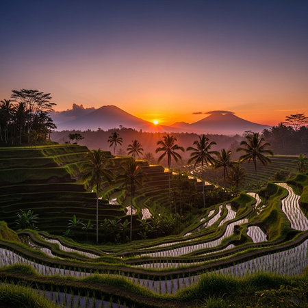 Sunrise over rice terraces in Bali, Indonesia. Bali is one of the most popular tourist destinations in Indonesia.の写真素材