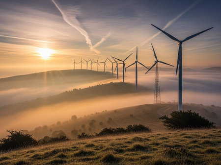 Foggy sunrise over wind turbines on the hillside, UK