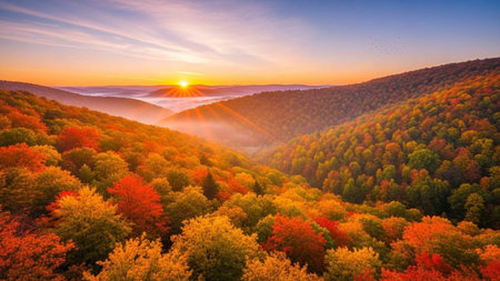 Foggy autumn morning in the mountains. Landscape with colorful forest.