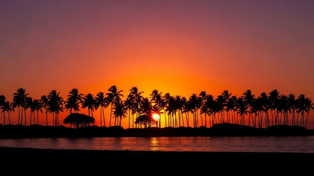 Palm trees silhouettes at sunset on the beach. Tropical island.
