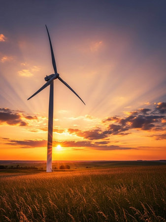 An image of windturbine generator on a meadow at sunset