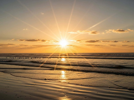 Sunset over the sea with reflection on the sand. Beautiful natural background.