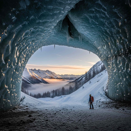 Hiker in ice cave. Beautiful winter landscape in the mountains.の写真素材