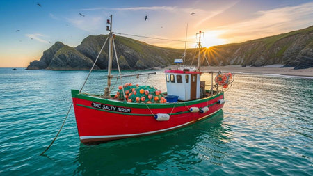 Fishing boat at sunset, Cornwall, England, UK