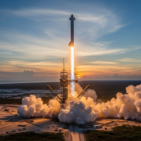 Aerial view of the rocket launch into the sky at sunset.